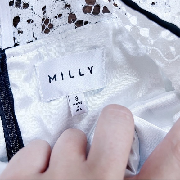 MILLY • Gabrielle Dress color block lace two tone sheath black white cocktail - Picture 6 of 14